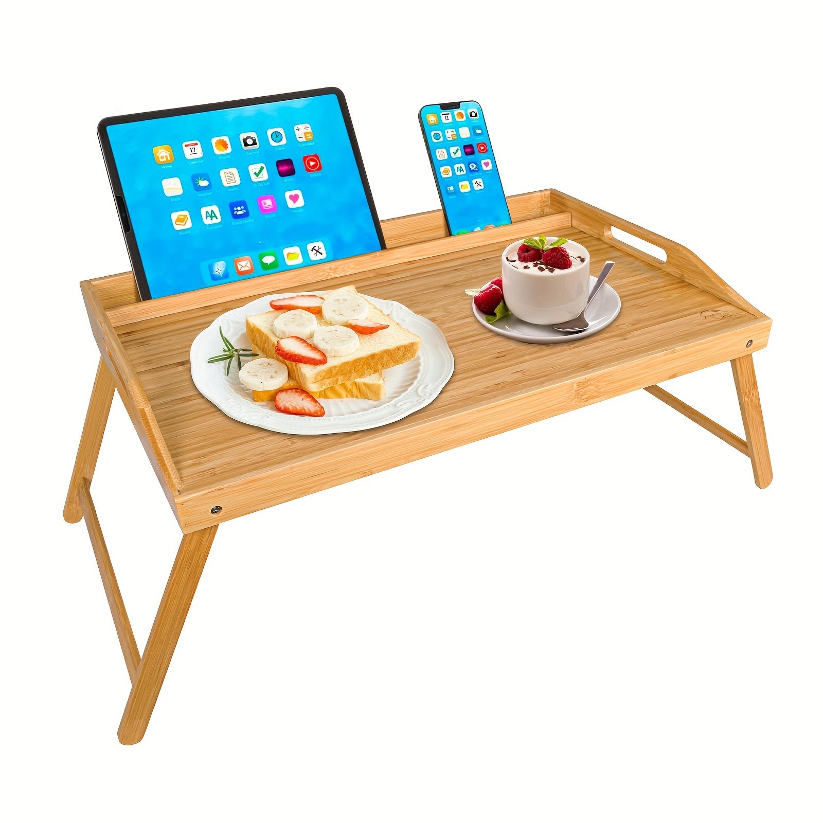 Bamboo Bed Tray Table Folding Legs Portable with Carrying Handles
